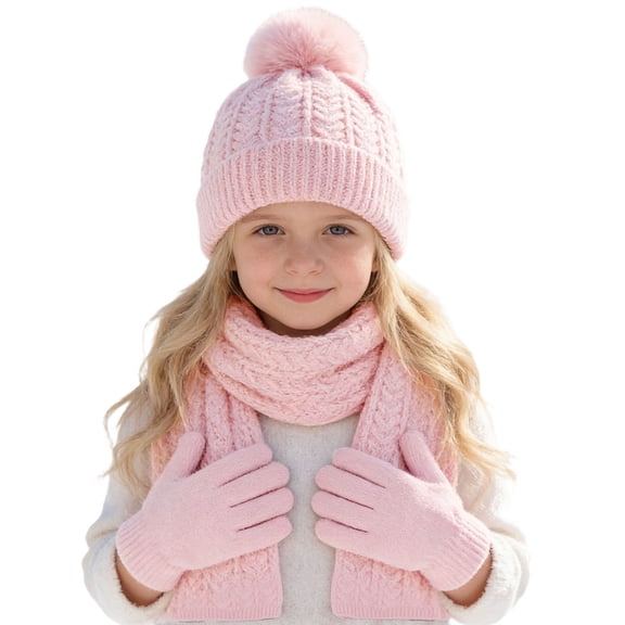 BRICH Kids Winter Hat Gloves Scarf Set Hat Beanie with Pom Winter Knit Neck Mittens for Girls Toddlers Pink One Size