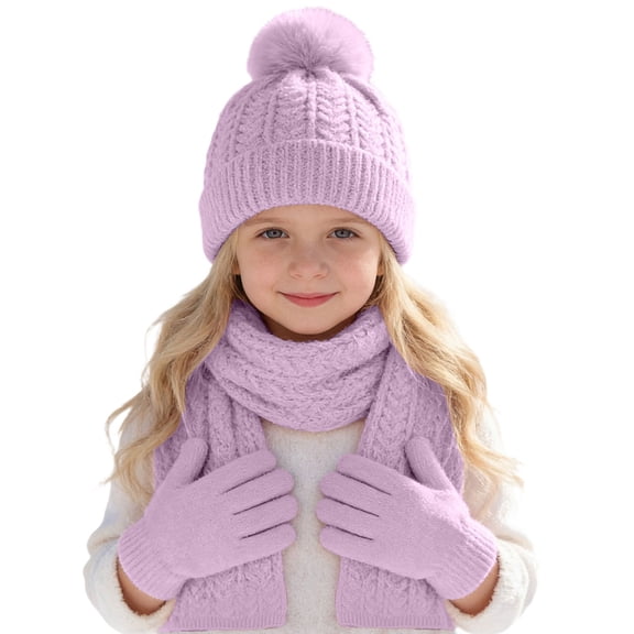 BRICH Kids Winter Hat Gloves Scarf Set Hat Beanie with Pom Winter Knit Neck Mittens for Girls Toddlers Purple One Size