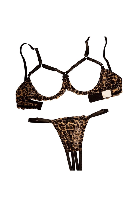 Leopard Floral Lace Sheer Underwire Lingerie Sets for Women Paddless Bra and Panty 2 Piece 01-Black L