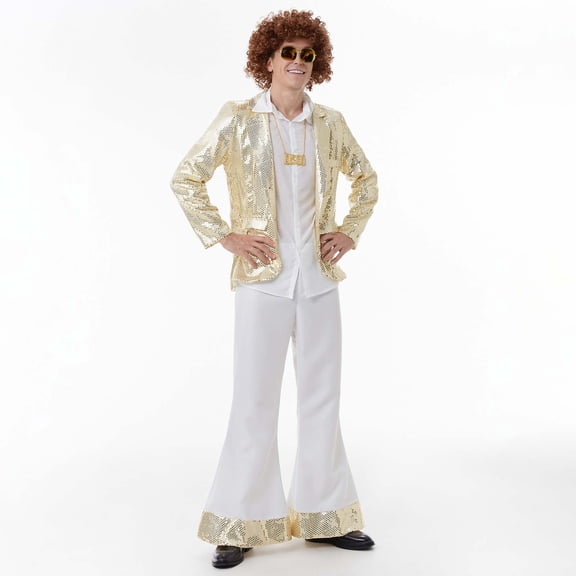 BRICH Men's 70s 80s Disco Set Disco Shiny Coat Shirt Pants Wigs Necklace Sunglasses Outfit Gold M