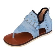 BRICH Sandals for Women Roman Open Toe Low Wedge Sandals with Back Zipper Summer Beach Open Toe T-Back Flip Flops Beach Gladiator Flat Sandal Blue 6