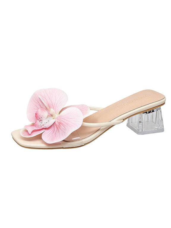 Women's 3D Flower Sandals Dressy Square Toe Floral Flat Slides Summer Beach Boho Sandals Cute Wedding Soft Comfortable Slippers Pink 5.5