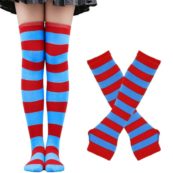 BRICH Women's Arm Warmers and Leg Warmers Striped Thigh High Socks Fingerless Gloves Stockings Dark Blue One Size