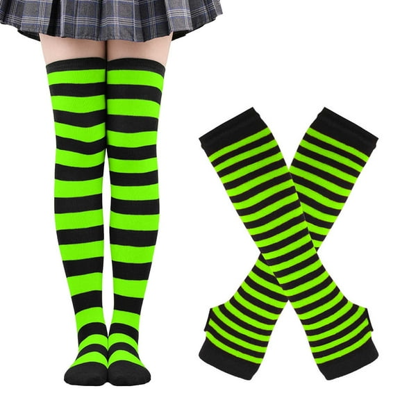 BRICH Women's Arm Warmers and Leg Warmers Striped Thigh High Socks Fingerless Gloves Stockings Light Green One Size