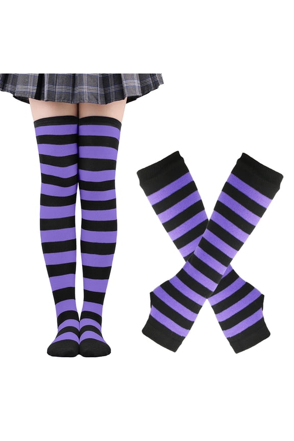 Women's Arm Warmers and Leg Warmers Striped Thigh High Socks Fingerless Gloves Stockings Purple One Size