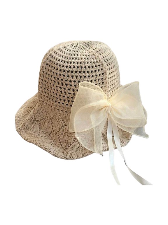 Women's Breathable Wide Brim Foldable Sun Protection Bow Bucket Hat Cap Beige One Size
