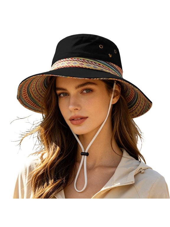 Women's Bucket Hat Packable Wide Brim Floppy Sunhat with Detachable Chin Strap for Beach Travel Garden Black One Size