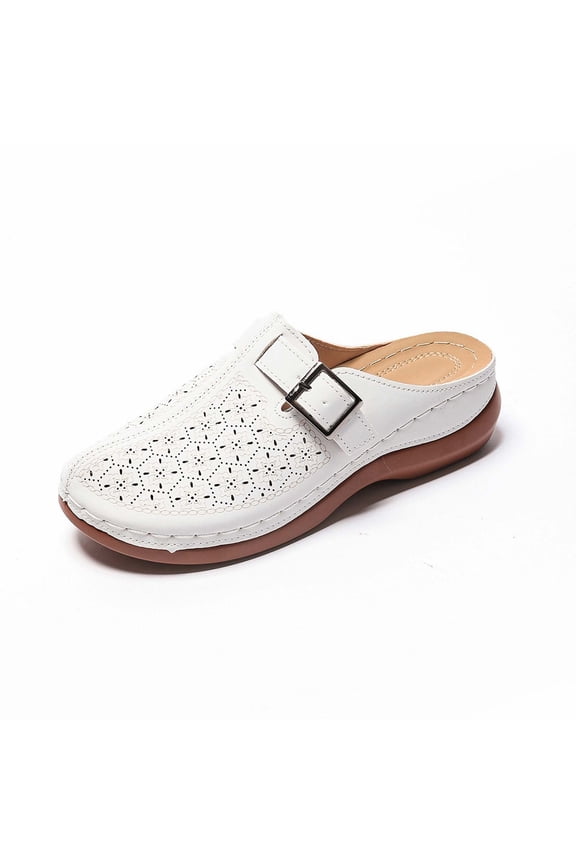 Women's Carved Hollow Metal Buckle Closed Toe Platform Mules Comfort on Shoes Lightweight Casual Summer Footwear White 9