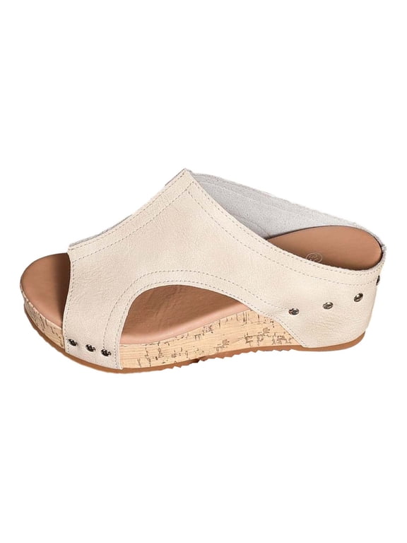 Women's Cork Wedges Heels on Platform Slides Comfortable Open Toe Sandals Casual Dressy Summer Beach Shoes Beige 6