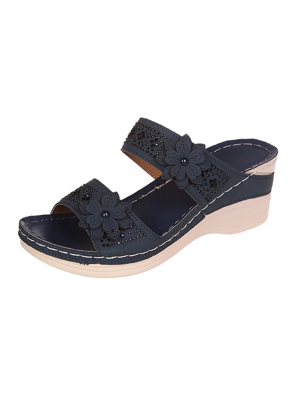 Women's Dressy Summer Flat Sandals Arch Support Fashion Orthotic Comfy on Flower Platform Wedge Sliders Navy 6