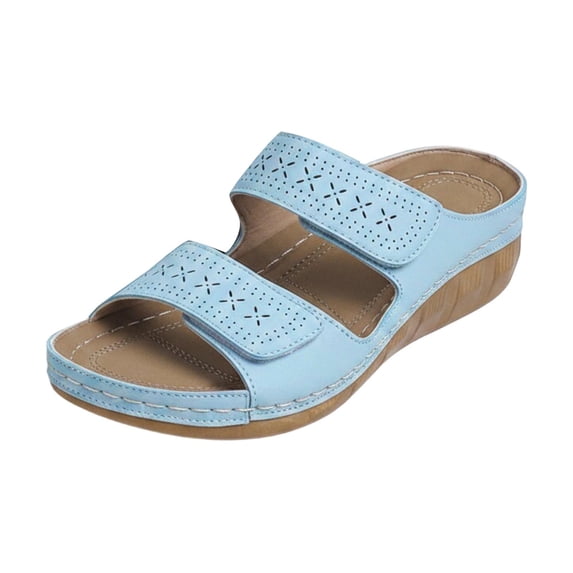 BRICH Women's Dual Strap Wedge Slide Sandals 2026 Slip on Flats Open Toe Adjustable Hollow out Leather Low Wedge Heel Non Slip Walking Shoes Blue 7.5