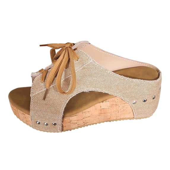 BRICH Women's Fashion on Slippers with Adjustable Ties Casual Flat Sole Breathable Beach Slides for Indoor Outdoor Khaki 5.5