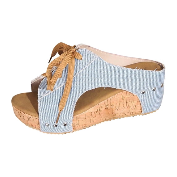 BRICH Women's Fashion on Slippers with Adjustable Ties Casual Flat Sole Breathable Beach Slides for Indoor Outdoor Light Blue 9.5