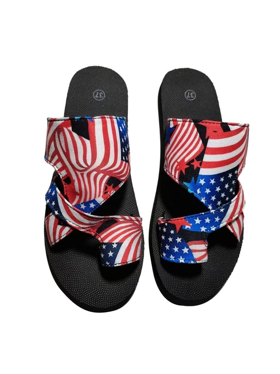 Women's Flag Print Toe Loop Slide Sandals Crisscross Strap Comfortable Lightweight Non- Sole Summer Slippers Red 6.5
