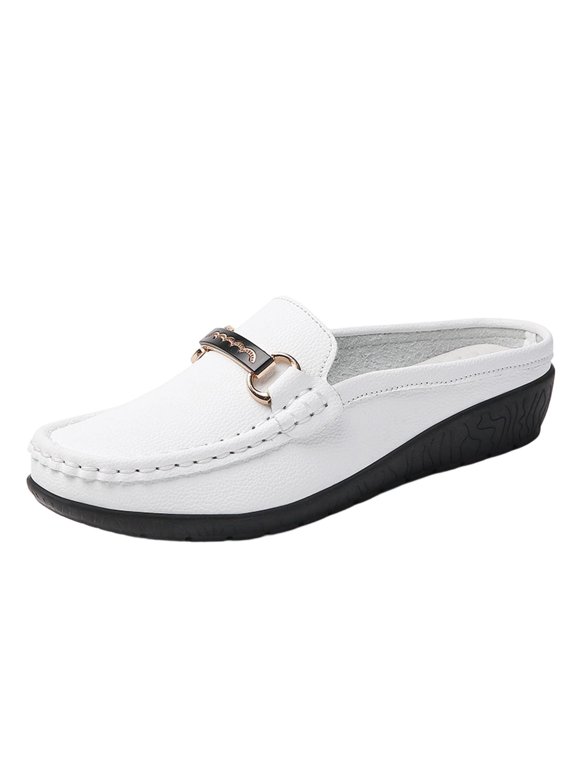 Women's Flat Backless Loafers Summer Round Toe Flats Metal Accents on Slides Low Top Casual Shoe Lightweight Comfort Work Office Dress Shoes