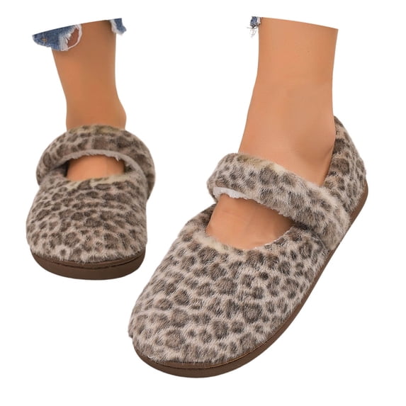 BRICH Women's Furry Mary Jane Flats Leopard Hook Loop Strap Cozy on Winter Casual Shoes Coffee 9.5