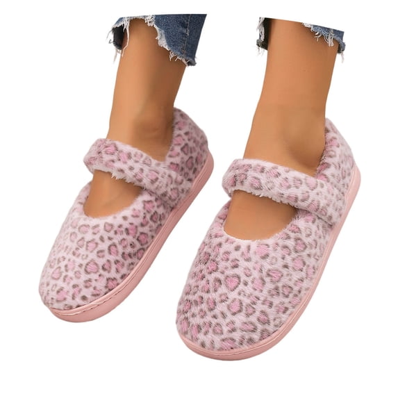 BRICH Women's Furry Mary Jane Flats Leopard Hook Loop Strap Cozy on Winter Casual Shoes Pink 9.5