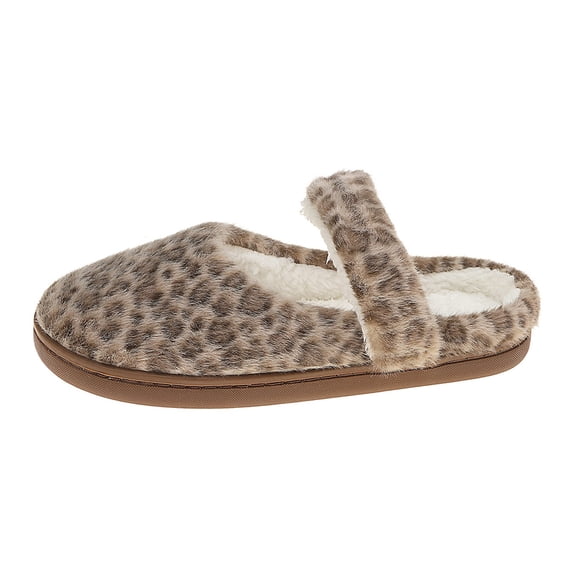 BRICH Women's Furry Mary Jane Silppers Leopard Hook Loop Strap Cozy on Winter Casual Shoes Coffee 7.5