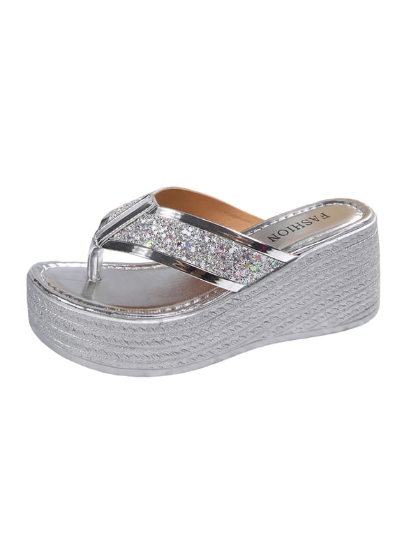 Women's Jewelry Platform Wedge Flip Flops Sandals Summer Fashion Comfortable Glitter Straps Round Open Toe Backless Platform Slides Silver 5.5