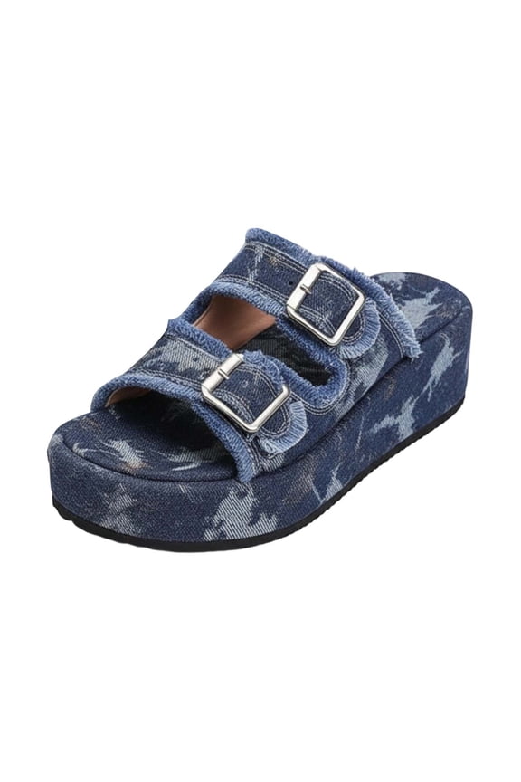 Women's Leopard Print Platform Sandals Summer Arch Support Adjustable Knit Straps Slides Wedge Sandals Blue 9
