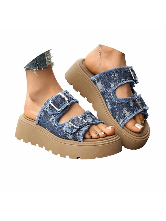 Women's Leopard Printed Platform Sandals Casual Denim Wedge Slippers Fashion on Shoes with Double Buckle Blue 6.5