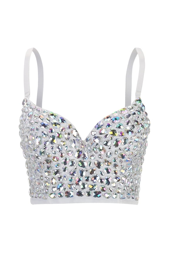 Women's Mardi Gras Bustier Crop Tops Mesh Corset Push up Rhinestone Diamond Bra Club Party Vest White 38