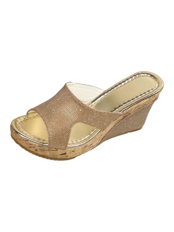 Women's Platform Slip on 3.34 Inch Wedge Sandals Cushioned Insole Peep Toe Casual Open Toe Dressy Sandals Gold 6.5