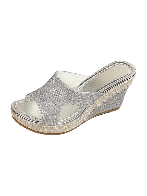 Women's Platform Slip on 3.34 Inch Wedge Sandals Cushioned Insole Peep Toe Casual Open Toe Dressy Sandals Silver 6.5