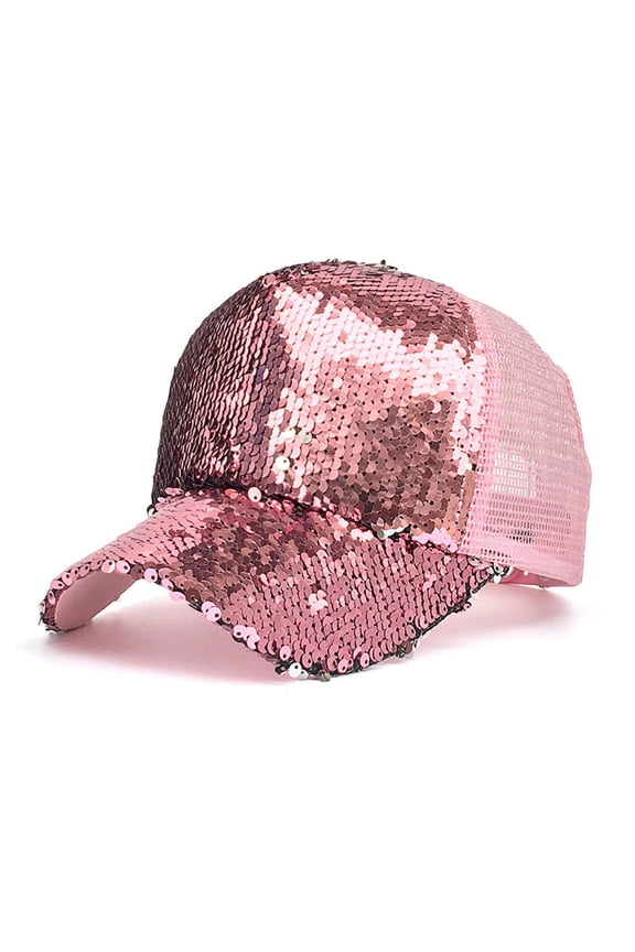 Women's Sequin Adjustable Baseball Cap Bling Bling Mesh Summer Snapback Caps Pink One Size