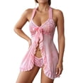 thumbnail image 1 of BRICH Women's Sleepwear Sets Halter Open Front Ruffle Sheer Mesh Lace Dress with Thong 2 Piece Pink L, 1 of 6