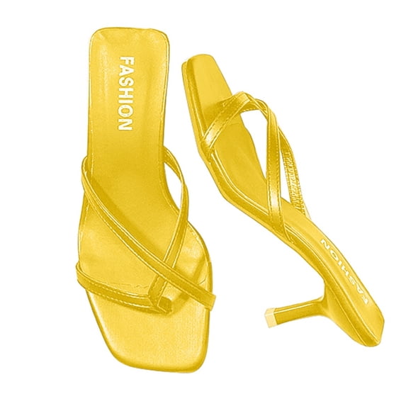 BRICH Women's Strappy Kitten Heels Flip Flops Square Open Toe Low Heels Fashion Party Dress Thong Heeled Sandals Yellow 9