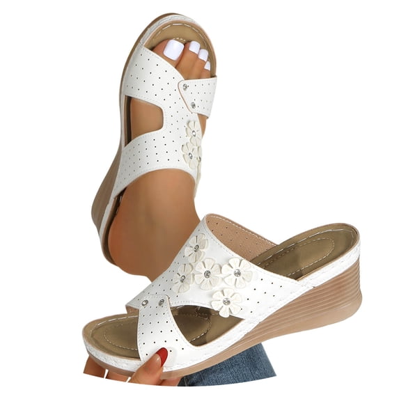 BRICH Women's Wedge Sandals Leather Dressy Sandal Rubber Sole Comfortable Walking Casual on Summer Shoes White 9.5