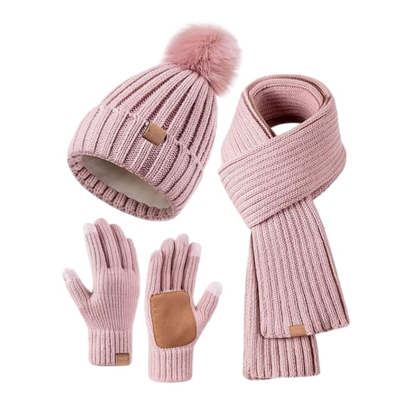 BRICH Women's Winter Beanie Hat Scarf Gloves Set Warm Knit Beanie with Pom Pom Long Scarf Touchscreen Gloves 3 in 1 Set Pink One Size