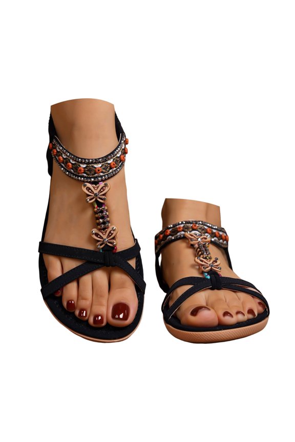 Womens Sandals Arch Support Summer Beach Sandals Comfort Walking Shoes Bohemian Flat Sandals Black 5.5