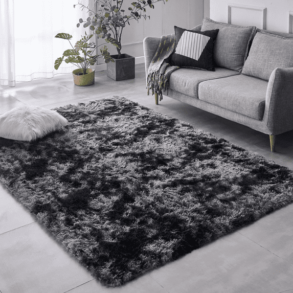 BRICHOEE 6x9 Feet Modern Indoor Home Tie-Dyed Dark Grey Living Room Area Rugs, Anti-Skid Soft Fluffy Shag Fur Bedroom Rugs for Kids Playroom Decor