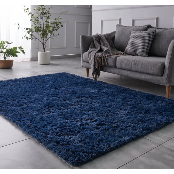 BRICHOEE 8 x 10 Shag Area Rugs, Soft Indoor Navy Blue Modern Nursery Rug, Plush Shaggy Throw Carpets for Boy and Girls Room Dorm Living Room