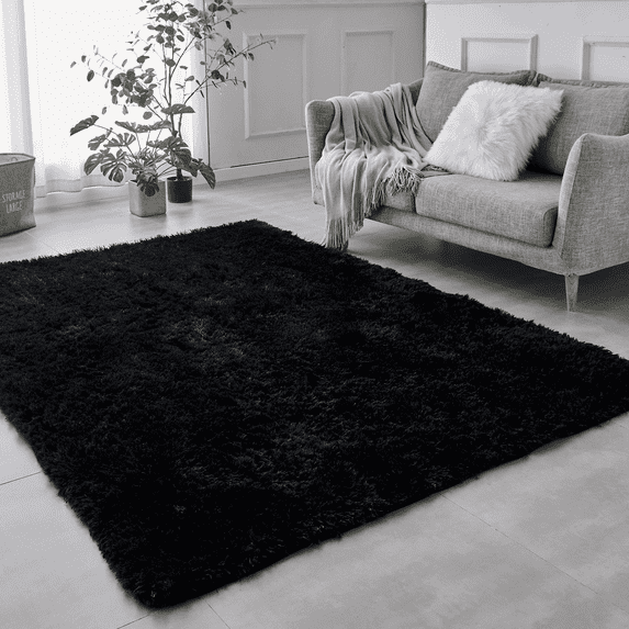 BRICHOEE Black Shag Area Rug, 5x7 Ft Anti-Skid Indoor Modern Rug, High Pile Soft Throw Rug for Bedroom Nursery Room Living Room