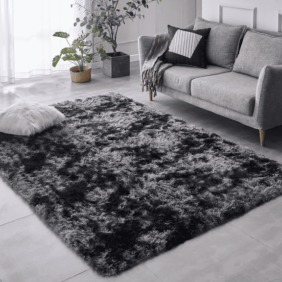BRICHOEE Shag Area Rug, 5x7 Ft Anti-Skid Indoor Modern Tie-Dyed Dark Grey Rug, High Pile Soft Throw Rug for Bedroom Nursery Room Living Room