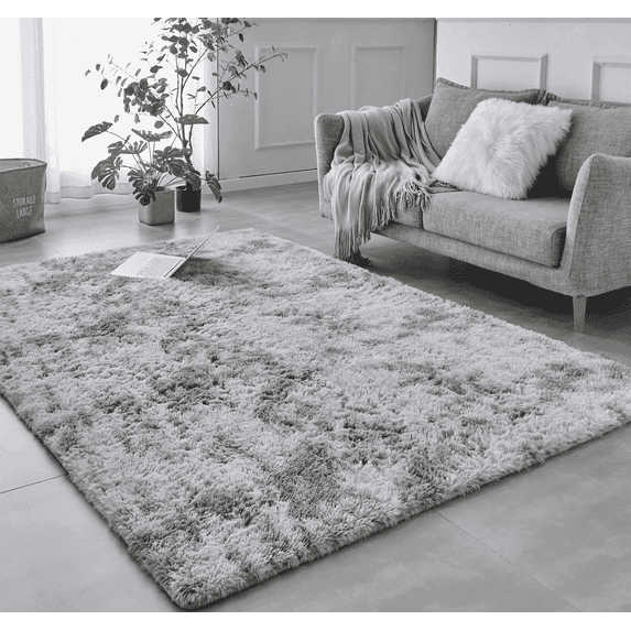 BRICHOEE Shag Area Rug, 5x7 Ft Tie-Dyed Light Grey Anti-Skid Indoor Modern Rug, High Pile Soft Throw Rug for Bedroom Nursery Room Living Room