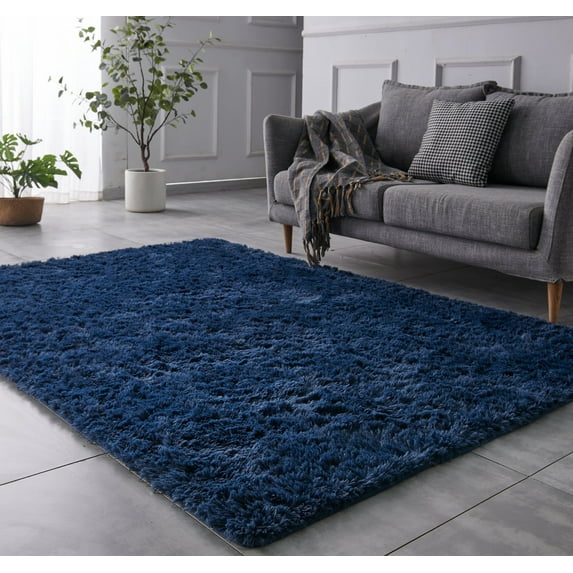 BRICHOEE Shag Navy Blue Area Rug, 4'x6' Indoor Ultra Soft Plush Rugs for Living Room, Non-Skid Modern Nursery Faux Fur Rugs for Home Decor