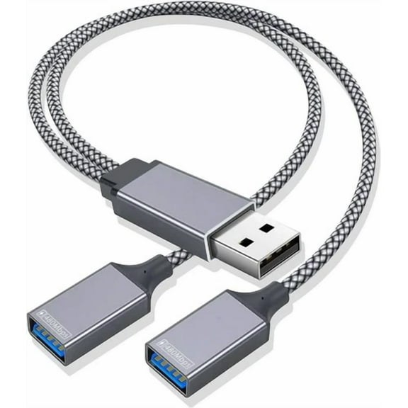 BRICK- Usb Splitter Adapter, Male To Dual Female Cable, Black+Grey Nylon
