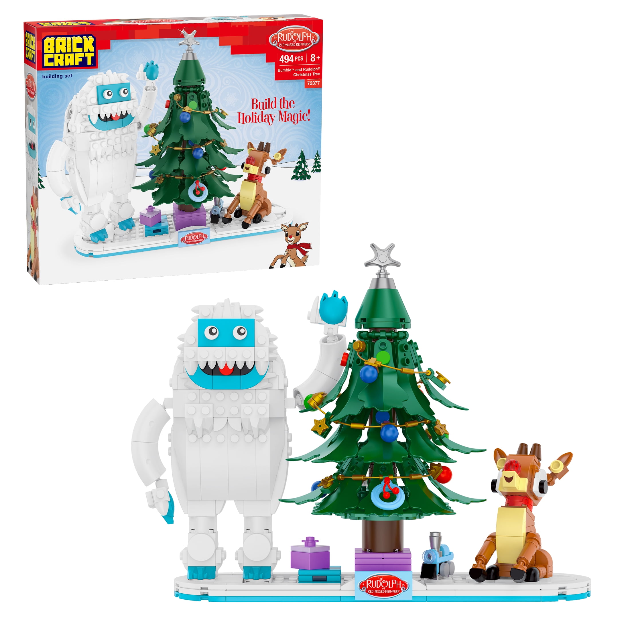 Brickcraft Rudolph the Red-Nosed Reindeer Bumble and Rudolph Christmas Tree Brick Building Kit (494-Piece Set), Holiday Collectible, Festive Display, Christmas Decoration