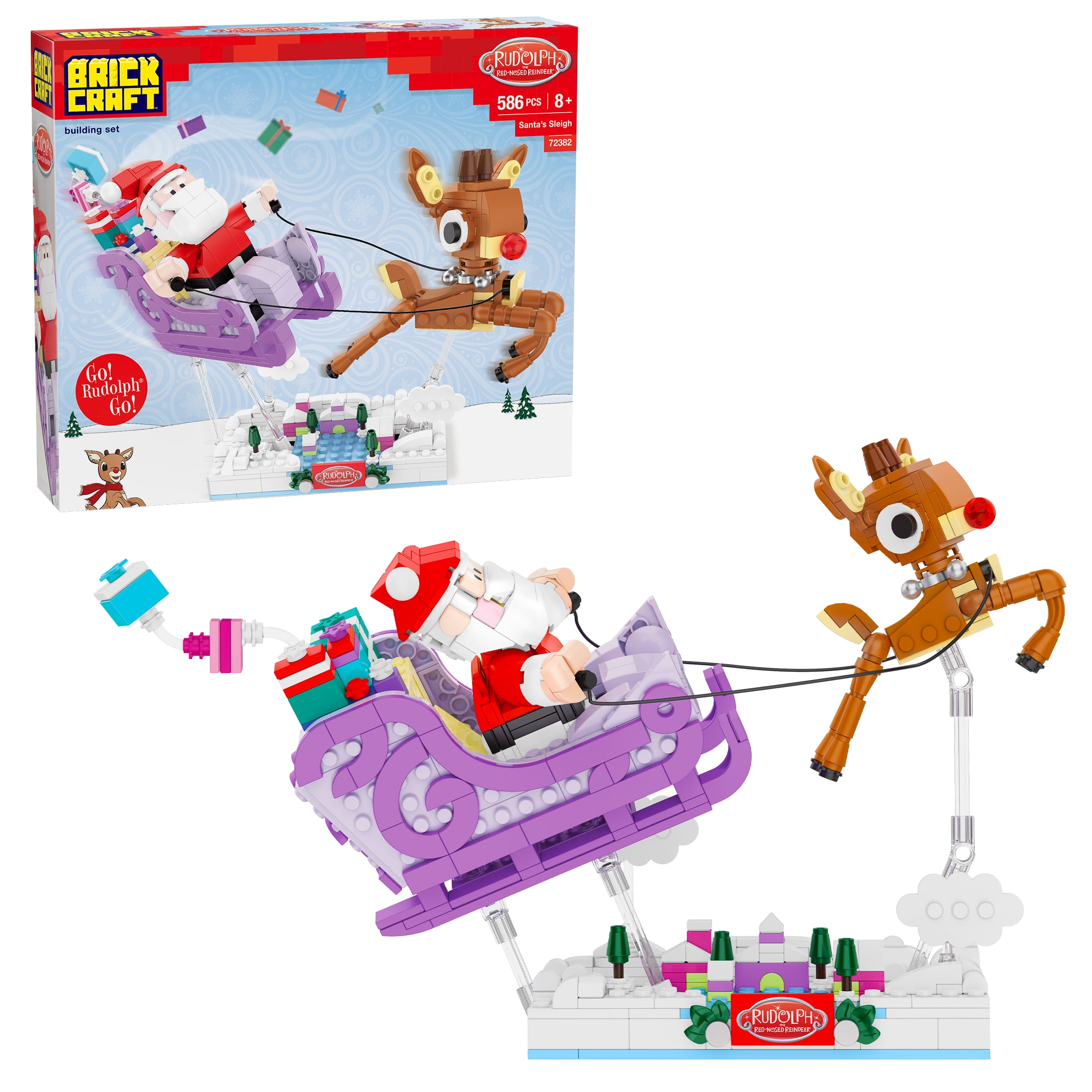 Brickcraft Rudolph the Red-Nosed Reindeer Santas Sleigh Brick Building Kit (586-Piece Set), Holiday Collectible, Christmas Display, Festive Brick Toy