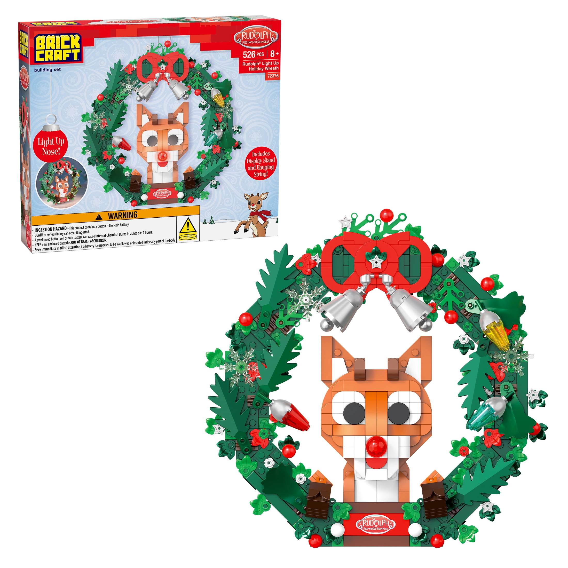 Brickcraft Rudolph the Red-Nosed Reindeer Light-Up Holiday Wreath Building Kit, 526-Piece Christmas Decoration Collectible