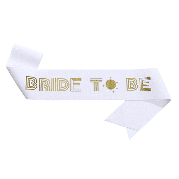 BRIDE TO BE White Glitter Sash Gold Foil Art Deco Line Font Moon Star Ring Print Bachelorette Shoulder Sash Bridal Party Accessory, 1 Count