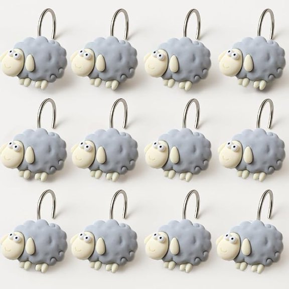 BRIG- 12 Piece Grey Sheep Shower Curtain Hooks Resin