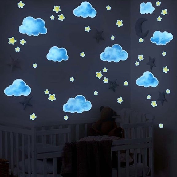 BRIG- Glow in Dark Star Cloud Vinyl Wall Decor Watercolour Luminous Wall Stickers Cute Cartoon Art Wall Decals for Kids Nursery Bedroom Living Room Home Decor Gift