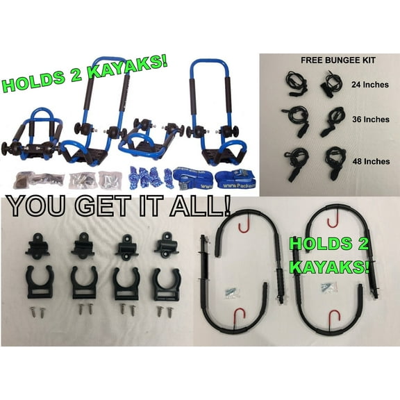 BRIGHT BLUE FOLDING J-STYLE KAYAK RACK ROOF TOP AND WALL CARRIER BUNDLE