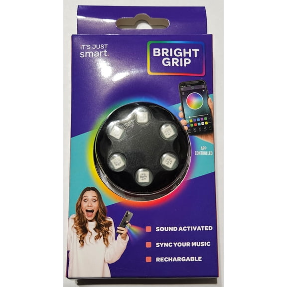 Bright Grip Collapsible Phone Grip, Phone Stand & Disco Light Customized Color Control, Sync to Your Music, Universal Fit