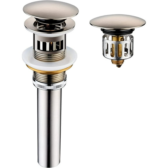 BRIGHT SHOWERS Bathroom Sink Drain with Overflow Pop-Up Drain Stopper with Detachable Basket Stopper for Vessel Sink Lavatory Vanity, Anti-Explosion and Anti-Clogging Drain Strainer, Brushed Nickel